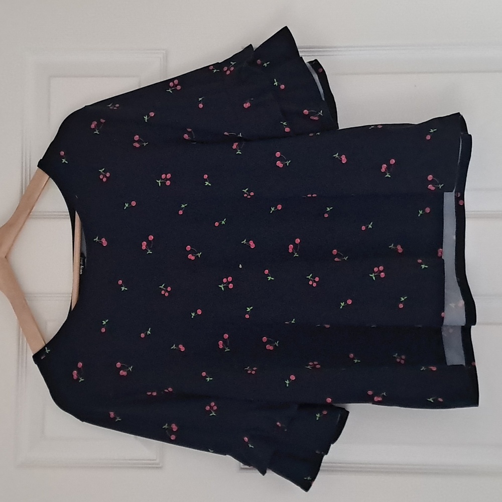 Navy Blouse With Cherry Pattern and Double Ruffle Sleeves